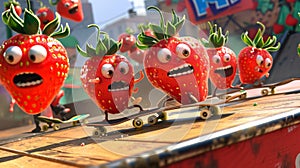 Picture this a group of rebellious strawberries defying gravity as they conquer the gnarliest skateboard ramp in town