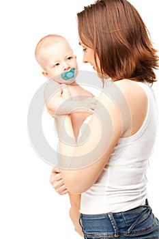Picture of happy mother with adorable baby isolated