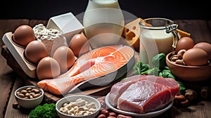 A picture of high protein food a dish of meat, poultry, eggs, two different types of fish, a cup of milk, a pinch of beans, nuts,