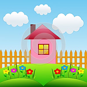 Picture with a house and floral flowerbed