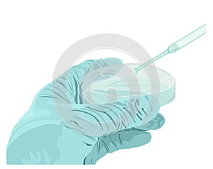 Picture of human hand in blue glove holding pipette flat style illustration
