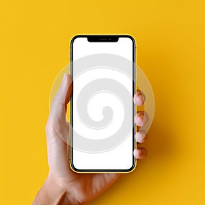 Picture of Human hand holding a phone on yellow background generative AI