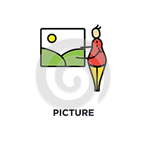 picture icon. photo gallery, photo album, cute cartoon character puts, sending or attaching the picture to the frame, outline,