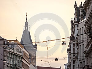 Picture of the iconic belfry tower of the New Town Hall novomestska radnice of Prague, Czech Republic