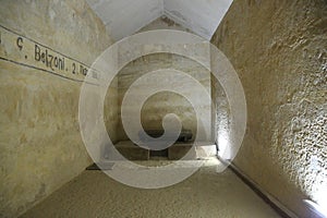 A picture from inside the tomb of King Khafre inside his pyramid, one of the great historical pyramids of Giza, one of the Seven