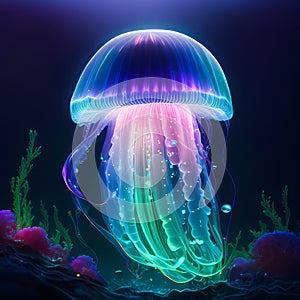 Jellyfish with iridiscent glow background