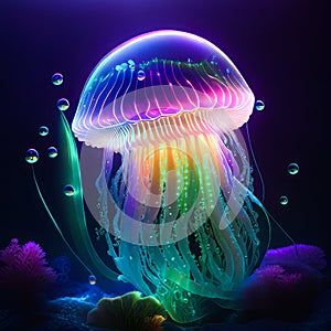 Jellyfish with iridiscent glow background