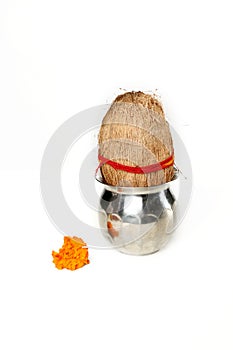 Picture of kalash with coconut and marigold flower for navratri festival