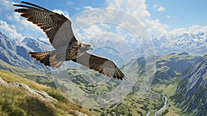 Picture of large bird flying over beautiful, vibrant green valley. This image can be used to depict