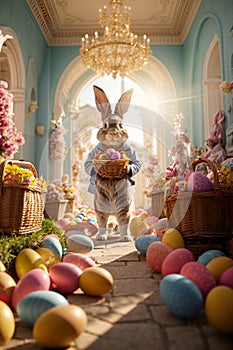 A picture of a large Easter bunny carrying a basket filled with eggs outside