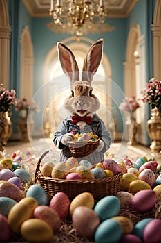 A picture of a large Easter bunny carrying a basket filled with eggs outside