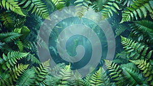 A picture of a large green fern leaves background with blue light, AI