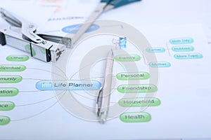 Picture of life planner chart, pen, scissor, stapler and paper clip