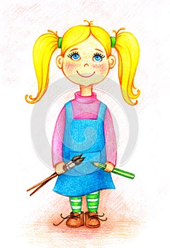 Picture of little girl artist with brushes and pencil