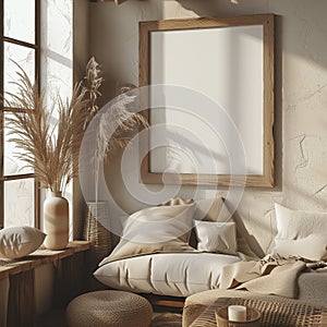 Picture of a living room with a couch and a picture frame, Mockup of room canvas