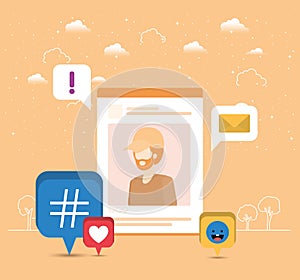 Picture of man in acount with trend set icons