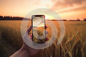 Picture of man\'s hand holding smartphone with beautiful picture on screen. Golden wheat at Sunset. Generative Ai