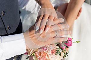 Picture of man and woman with wedding ring.Young married couple holding hands, ceremony wedding day. Newly wed couple`s hands wit