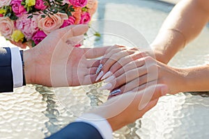 Picture of man and woman with wedding ring.Young married couple holding hands, ceremony wedding day. Newly wed couple`s hands wit