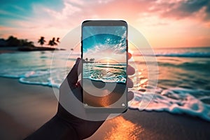 Picture of mans hand holding smartphone with beautiful picture on screen. Tropical beach with palms white sand and turquose water