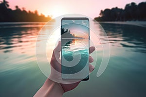 Picture of mans hand holding smartphone with beautiful picture on screen. Tropical beach with palms white sand and turquose water