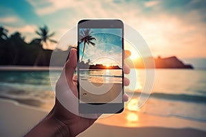 Picture of mans hand holding smartphone with beautiful picture on screen. Tropical beach with palms white sand and turquose water