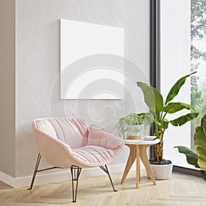 Picture mockup on light wall above modern pink armchair and plants. Modern minimalistic Scandinavian style interior design. Poste