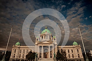 Main entrance to the National Assembly of the Republic of Serbia in Belgrade. Also known as Narodna Skupstina, it is the seat of photo