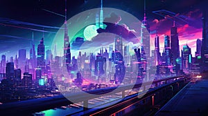 A picture of the neon night time futuristic cyberpunk scifi metropolis. AIGX01.