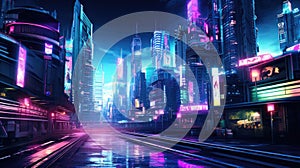 A picture of the neon night time futuristic cyberpunk scifi metropolis. AIGX01.