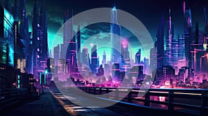 A picture of the neon night time futuristic cyberpunk scifi metropolis. AIGX01.