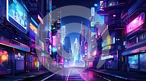 A picture of the neon night time futuristic cyberpunk scifi metropolis. AIGX01.