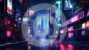 A picture of the neon night time futuristic cyberpunk scifi metropolis. AIGX01.