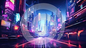 A picture of the neon night time futuristic cyberpunk scifi metropolis. AIGX01.