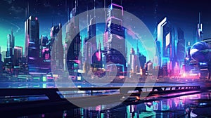 A picture of the neon night time futuristic cyberpunk scifi metropolis. AIGX01.