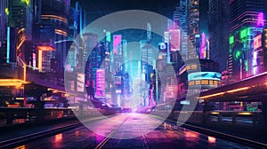 A picture of the neon night time futuristic cyberpunk scifi metropolis. AIGX01.