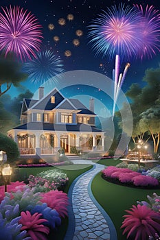 A picture of new year's eve party, in a whimsical garden, with beautiful flowers and fireworks in night sky, house, wallpaper