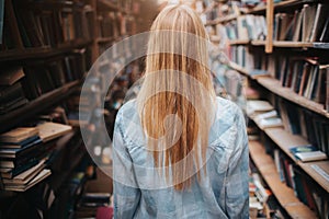 A picture og girl walking among bookshelfs with new and olb books. There is a mess everywhere in the room. She ir making