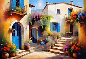 picture, oil painting, scene, piece, view, canvas picturesque courtyard