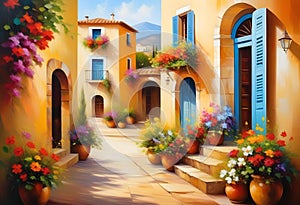 picture, oil painting, scene, piece, view, canvas picturesque courtyard