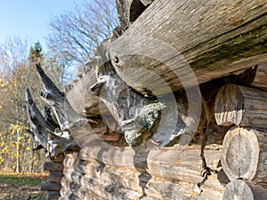 Picture with old log house and interesting roof mounts