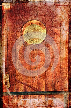 Picture of old ship door with a round window. vintage style texture overlaid effect