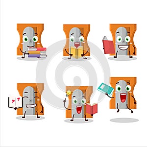 A picture of orange pencil sharpener cartoon character concept reading an amusing book