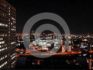 Picture of Osaka cityscape at dark night crowded with houses and buildings with beautiful light lamp