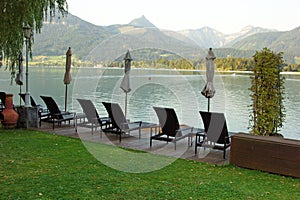 Outdoor courtyard of resort on the shore of Lake St. Wolfgang, Austria