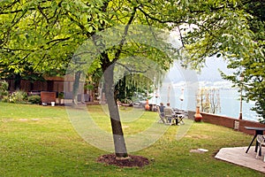 Outdoor courtyard of resort on the shore of Lake St. Wolfgang, Austria