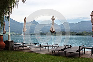 Outdoor courtyard of resort on the shore of Lake St. Wolfgang, Austria