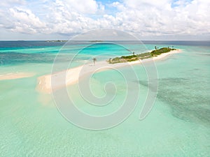 Picture perfect beach and turquoise lagoon on small tropical island on Maldives