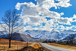 Picture perfect snow capped Drakensberg mountains and green plains in Underberg near Sani pass South Africa
