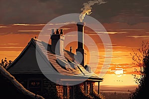 picture-perfect sunset, with the sun sinking behind a rooftop and chimneystack in the countryside